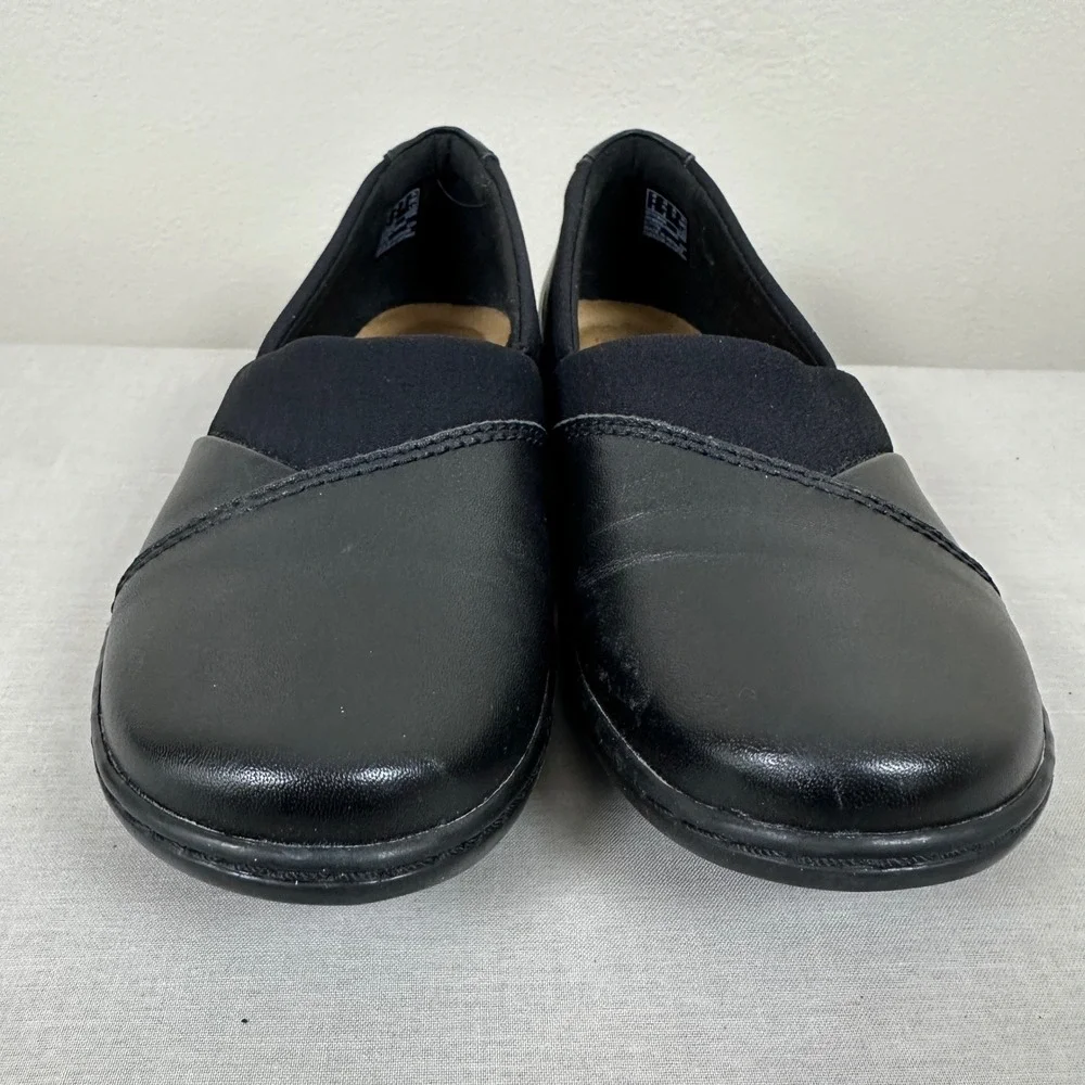 Clarks Womens 6.5 Slip On Shoes‎ Black Leather Comfort Stretch Classic Casual